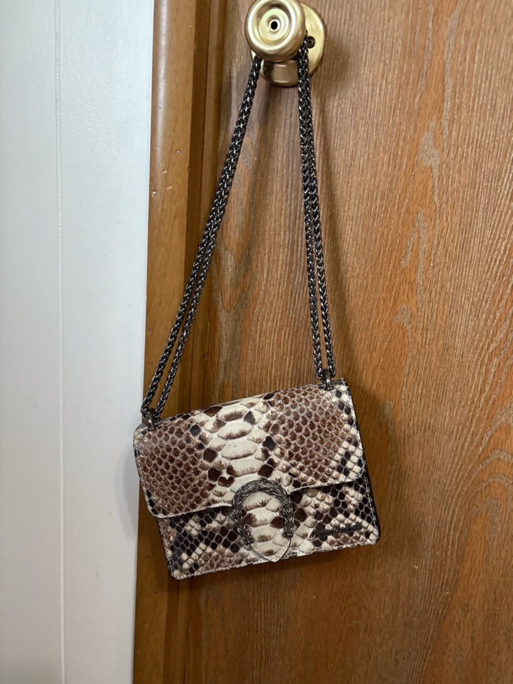 Marina Galanti Snake-Print Chain Crossbody Bag in Brown and Cream